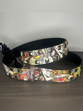 Ed Hardy belt brown Multicolor Tattoo-Print pyramid Studded Belt